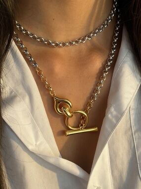 Two-Tone Gold and Silver Toggle Link Necklace - Elegant Layered Chain